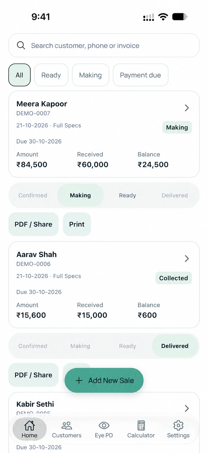 IPDI bills with fictional customer orders and payment balances