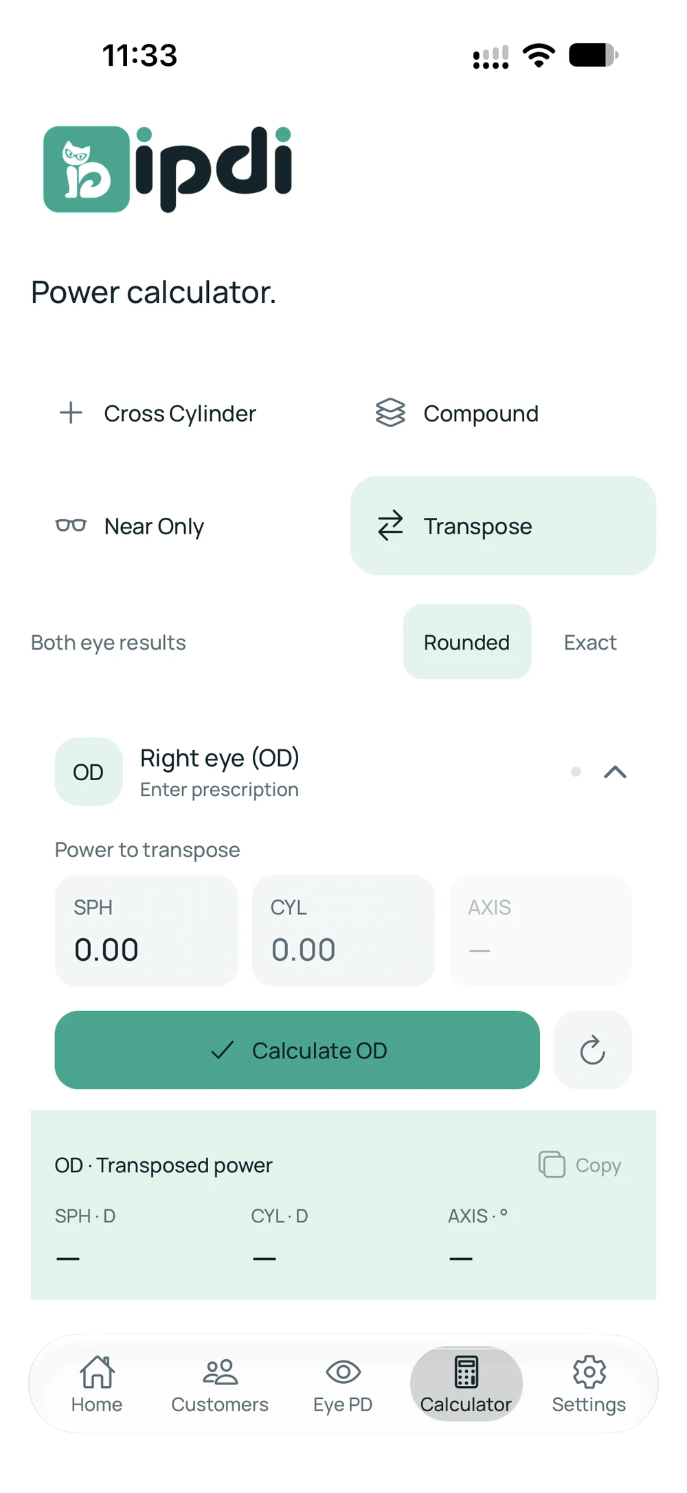 IPDI Transpose calculator awaiting prescription values