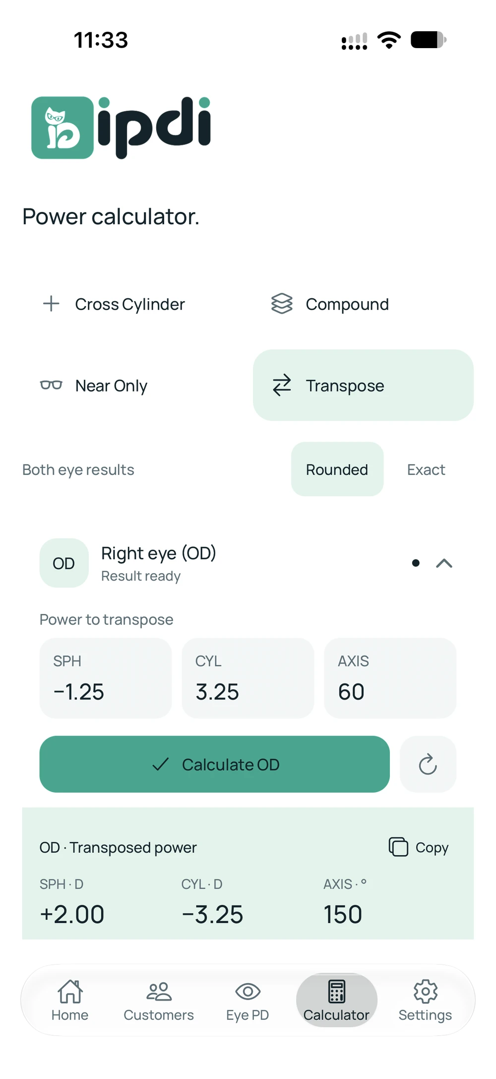 IPDI calculator showing a cylinder transposition result