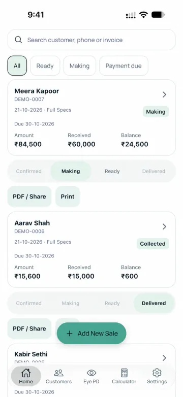 IPDI bills with fictional customer orders and payment balances