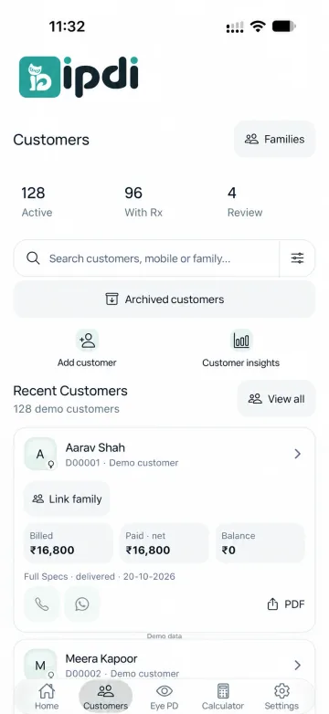 IPDI Customers screen with fictional Aarav Shah profile