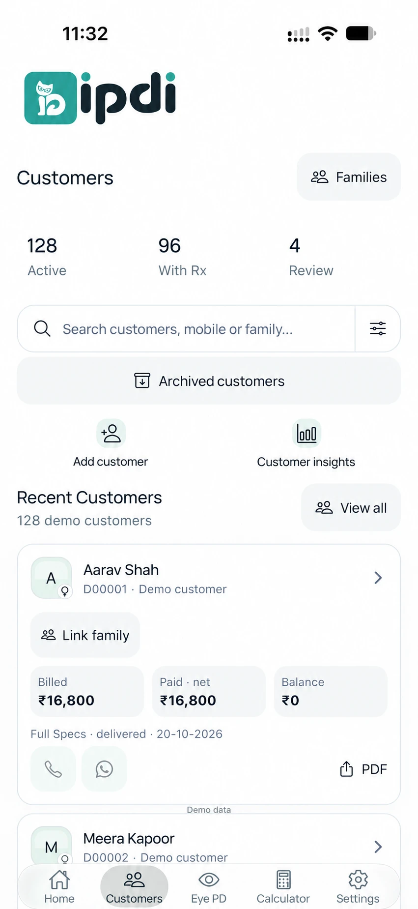 IPDI Customers screen with fictional Aarav Shah profile