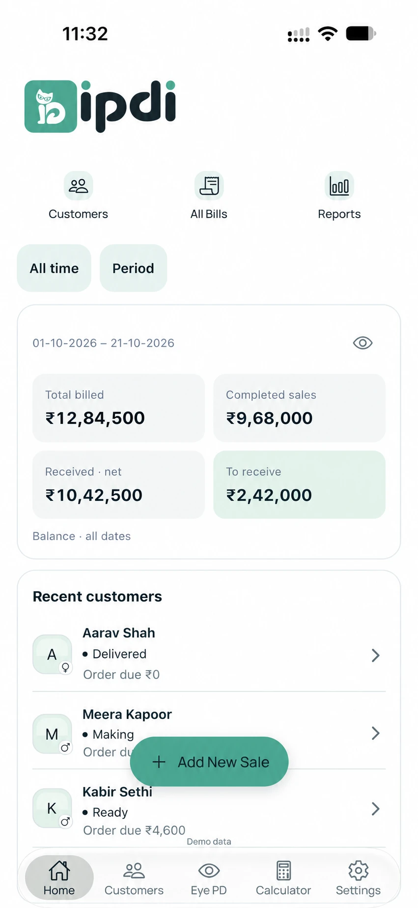 IPDI dashboard with ₹12,84,500 total billed in fictional demo data