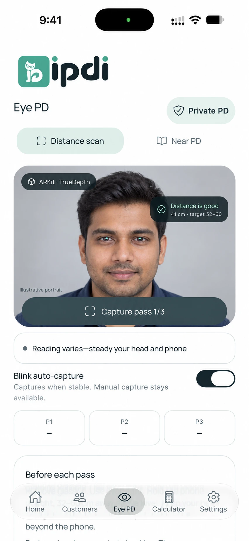 IPDI Eye PD interface with a fictional studio portrait