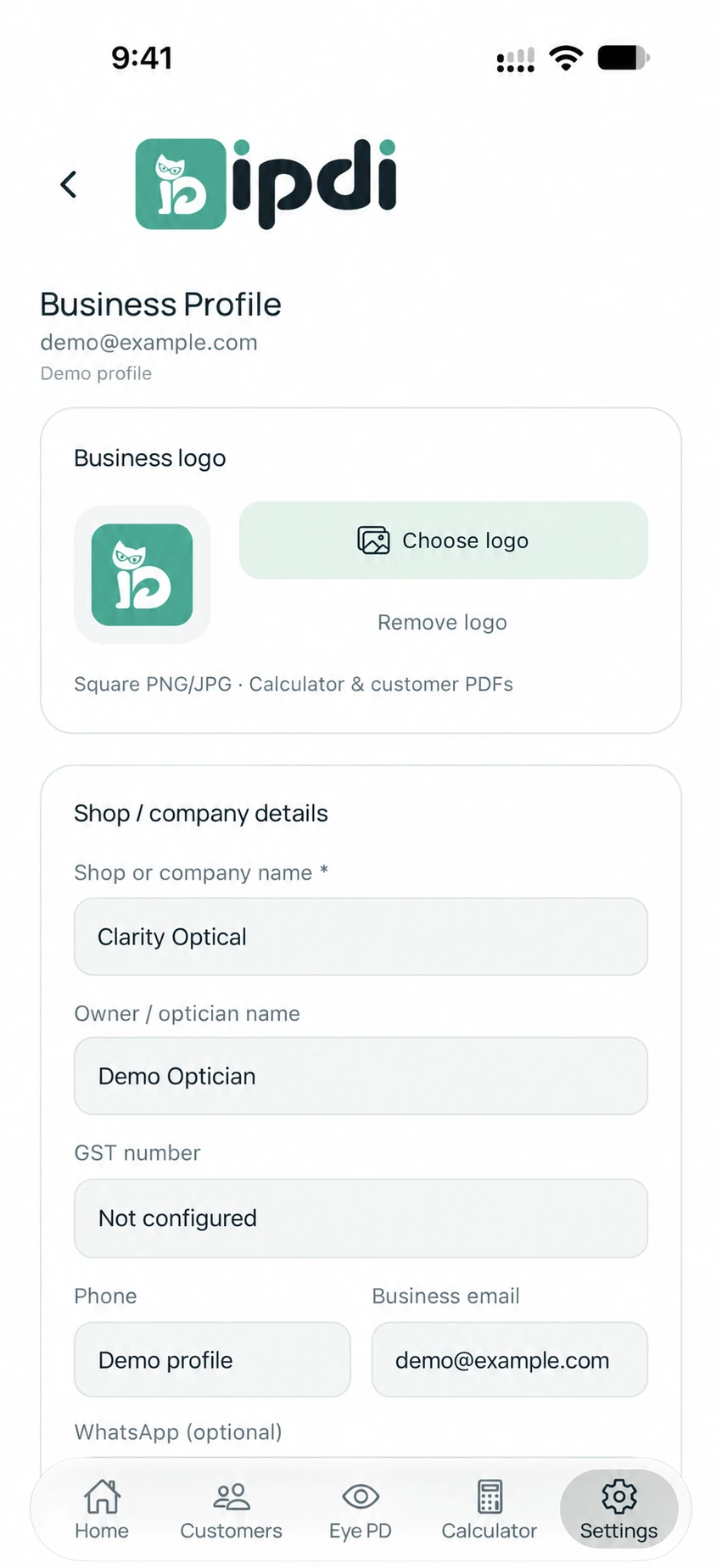 IPDI Business Profile for fictional Clarity Optical