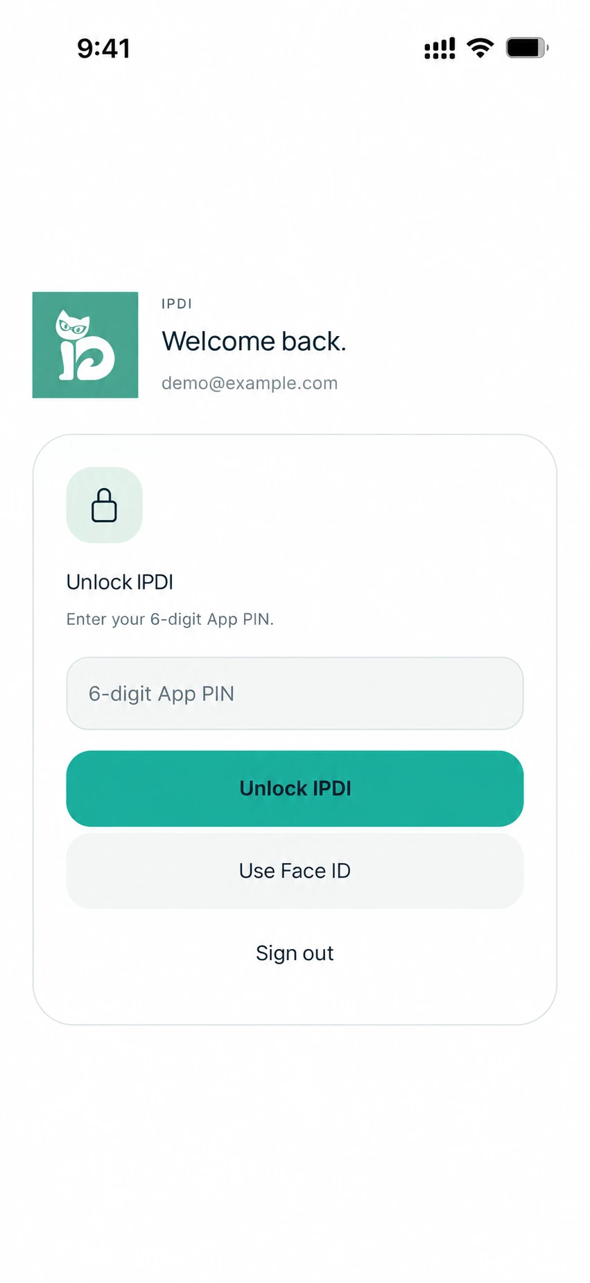 IPDI PIN and Face ID unlock screen for a demo account